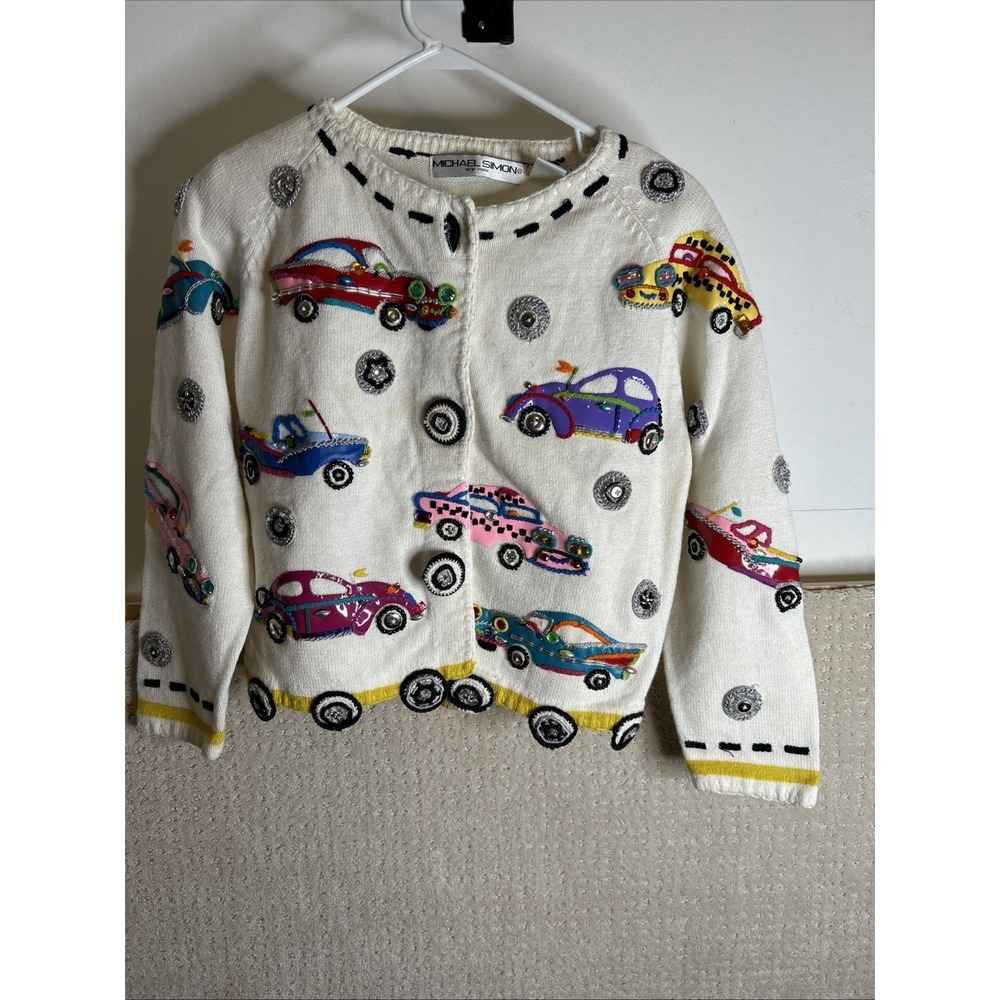 Michael Simon White Multi Color Cardigan Sweater Automobiles sz‎ 1 Medium - Rare